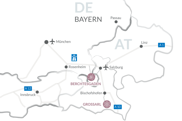 Karte von Österreich und Deutschland mit Verbindungen zwischen Orten wie München, Linz, Salzburg, Rosenheim, Innsbruck, Passau, Bischofshofen und den Städten Berchtesgaden und Grossarl, inklusive Autobahnschildern A1, A10 und A12 sowie Flughafensymbolen für München und Salzburg.