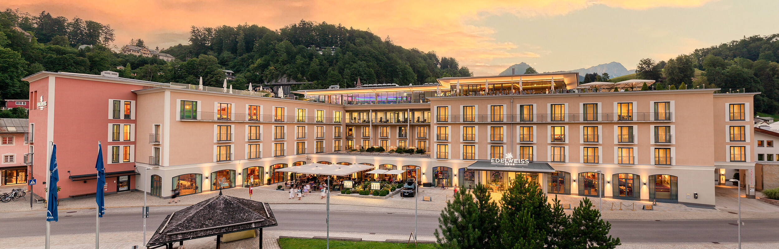 Drone shot of Hotel EDELWEISS Berchtesgaden at sunset in fall