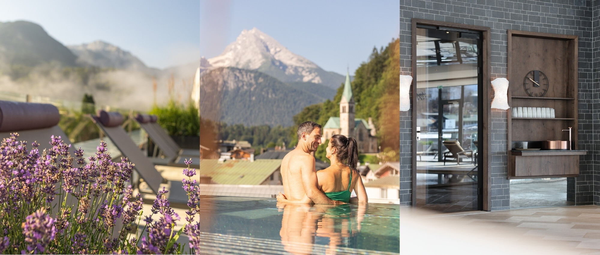 Badegäste im Pool mit Bergblick, an der Ecke eine offene moderne Sauna- oder Wellnessbereich, im Hintergrund schneebedeckte Berge und Kirchturm.