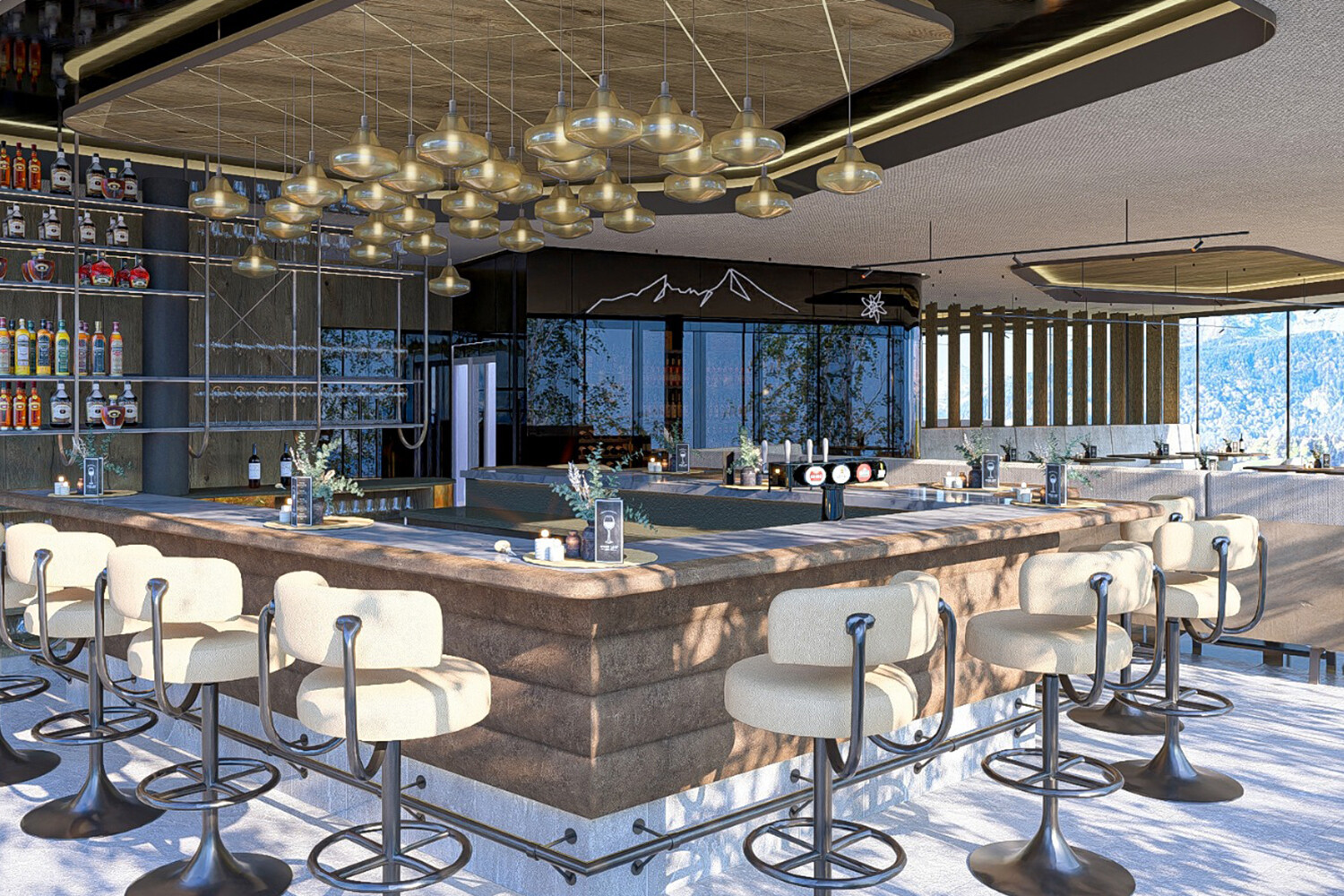 Rooftop-Restaurant Panorama in Berchtesgaden, Nähe Salzburg, nach dem Umbau mit moderner Skybar und Panoramablick.