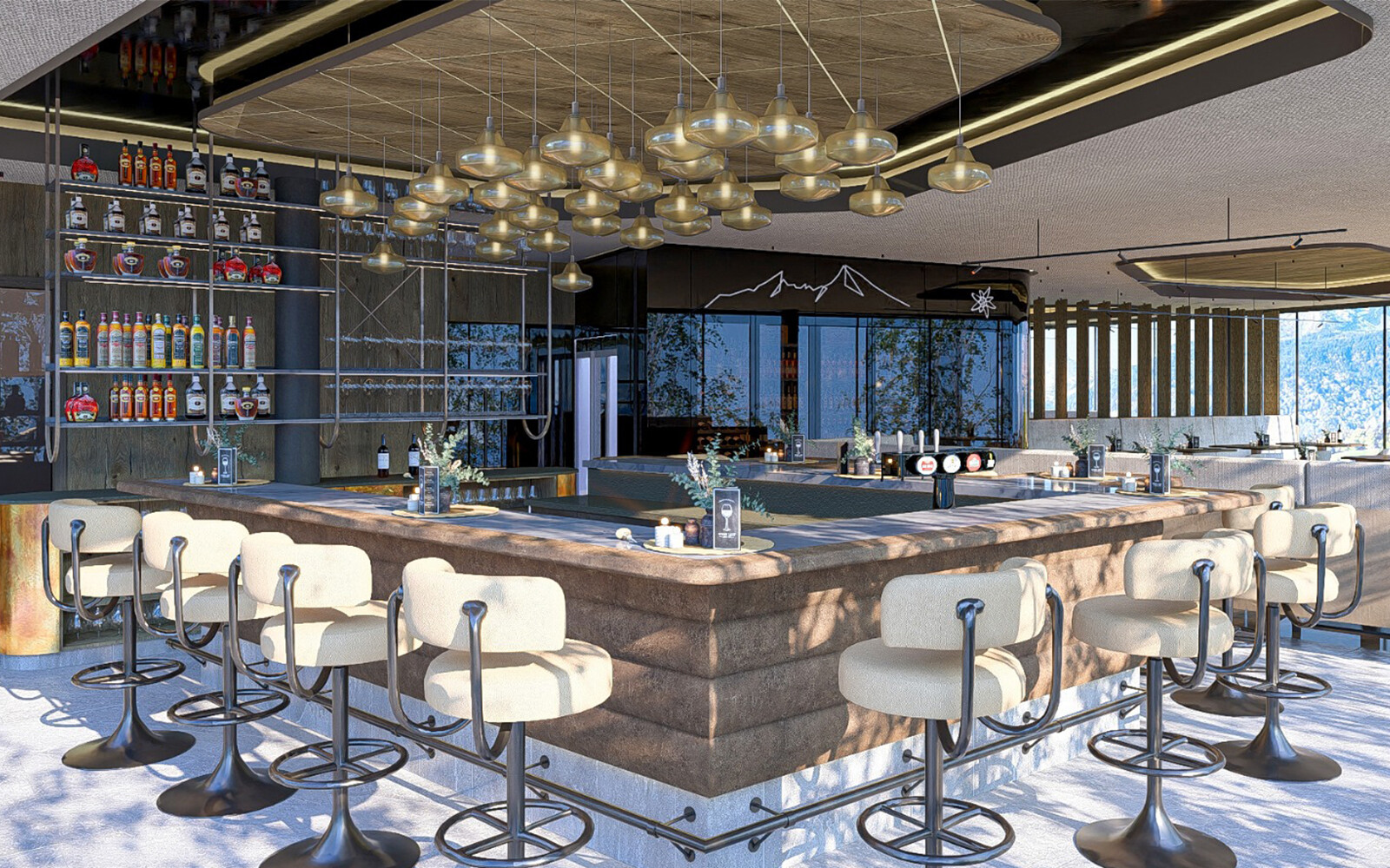 Cocktailbar im Rooftop Restaurant und Bar Berchtesgaden mit stilvollen Barhockern