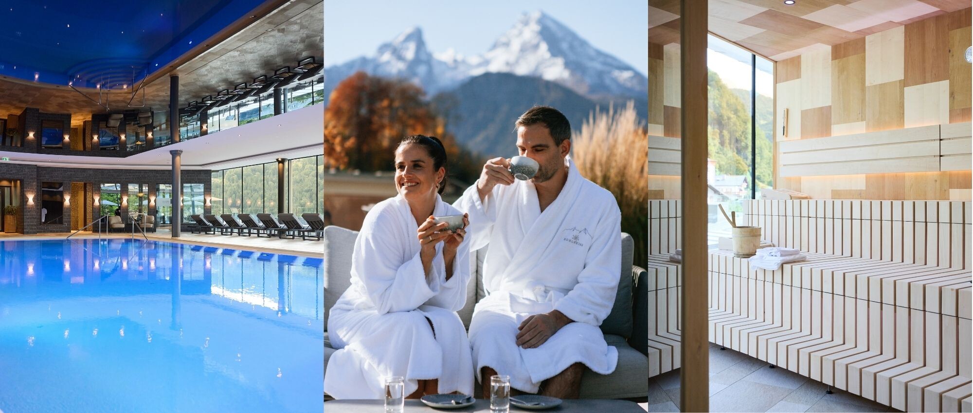Wellness im Hotel EDELWEISS Berchtesgaden mit Panorama-Hallenbad, Infinity Whirlpool auf der Dachterrasse, Sauna und entspannendem Paar vor der Kulisse der Bayerischen Alpen.