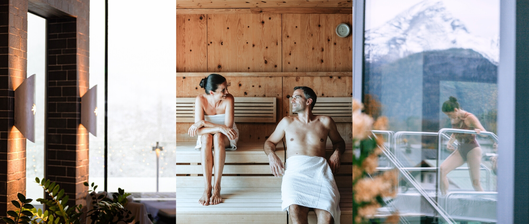 Guests relaxing in the sauna and rooftop pool at a wellness hotel in Berchtesgaden with Alpine views